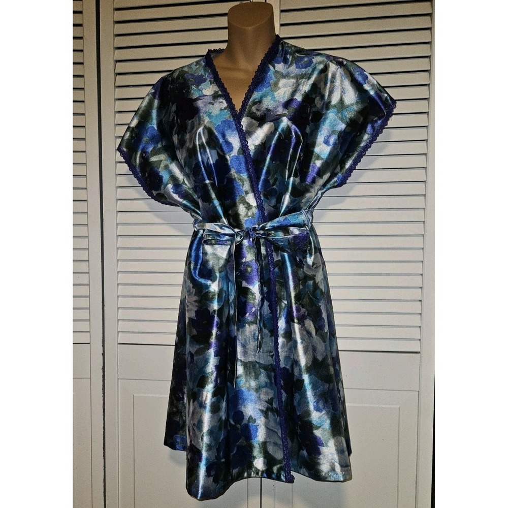 Vintage Satin Look Robe Sz M Short Multicolor Teal Knee Length Print Shiny